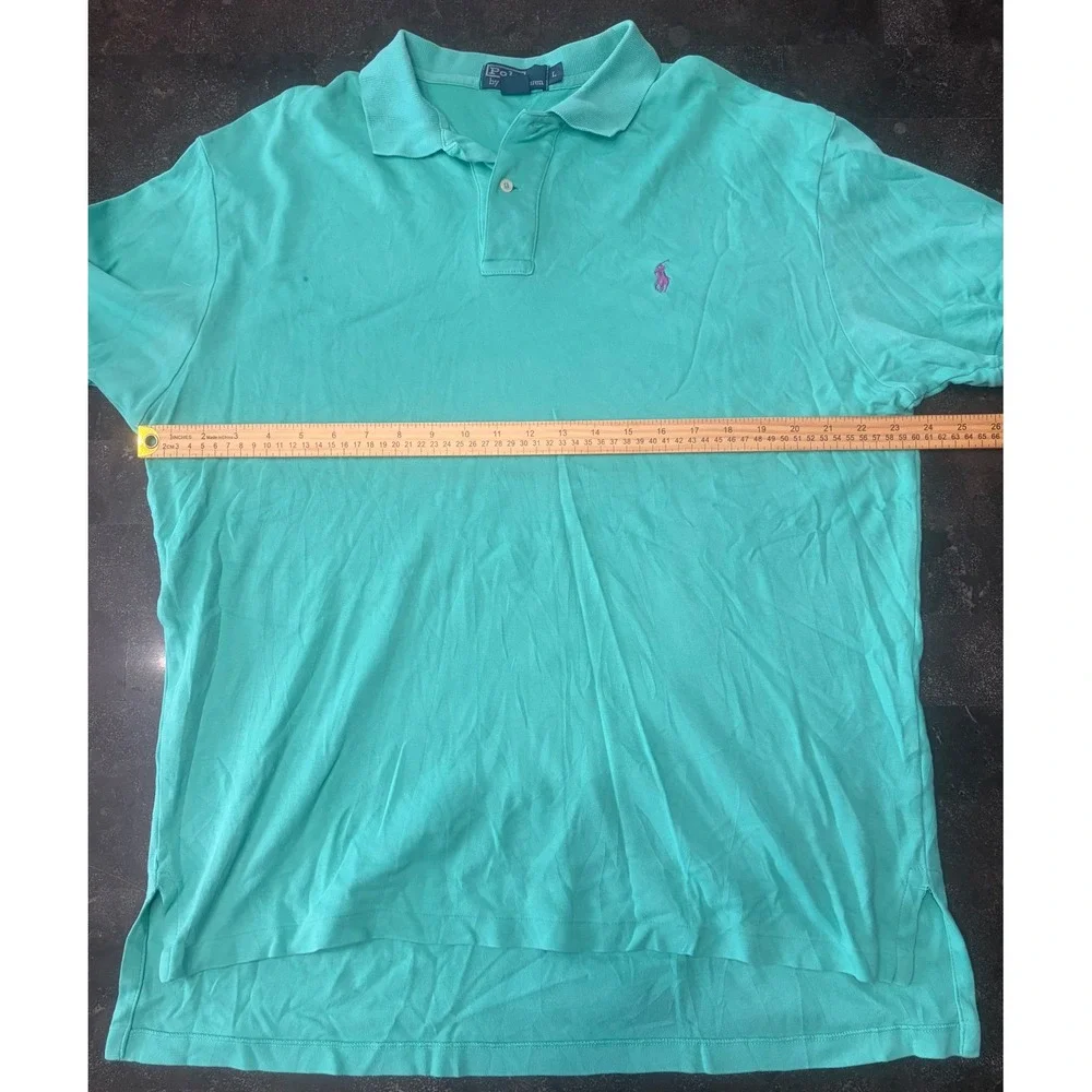 Polo Ralph Lauren Mens Large Green Pique Polo Shirt Purple Pony Short Sleeve